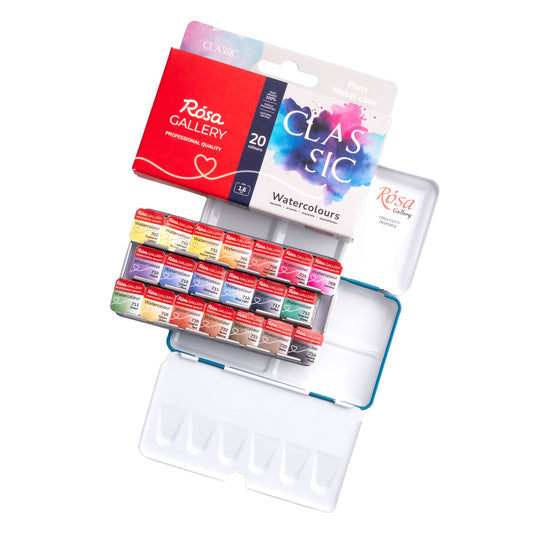 ROSA Gallery Classic Watercolour Set – 20 Half Pan Colours (1.6ml), Turquoise Metal Tin (S)