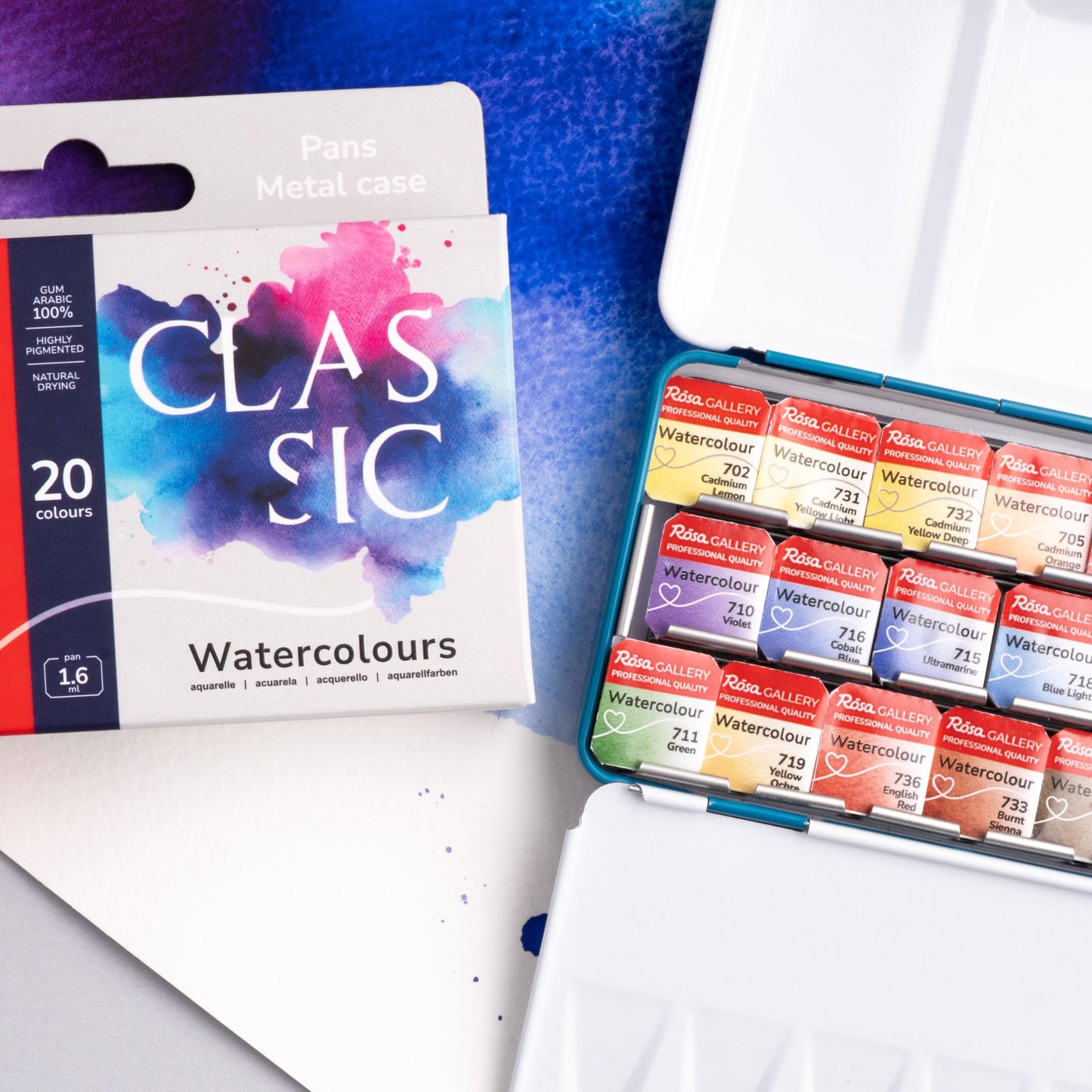 ROSA Gallery Classic Watercolour Set – 20 Half Pan Colours (1.6ml), Turquoise Metal Tin (S)