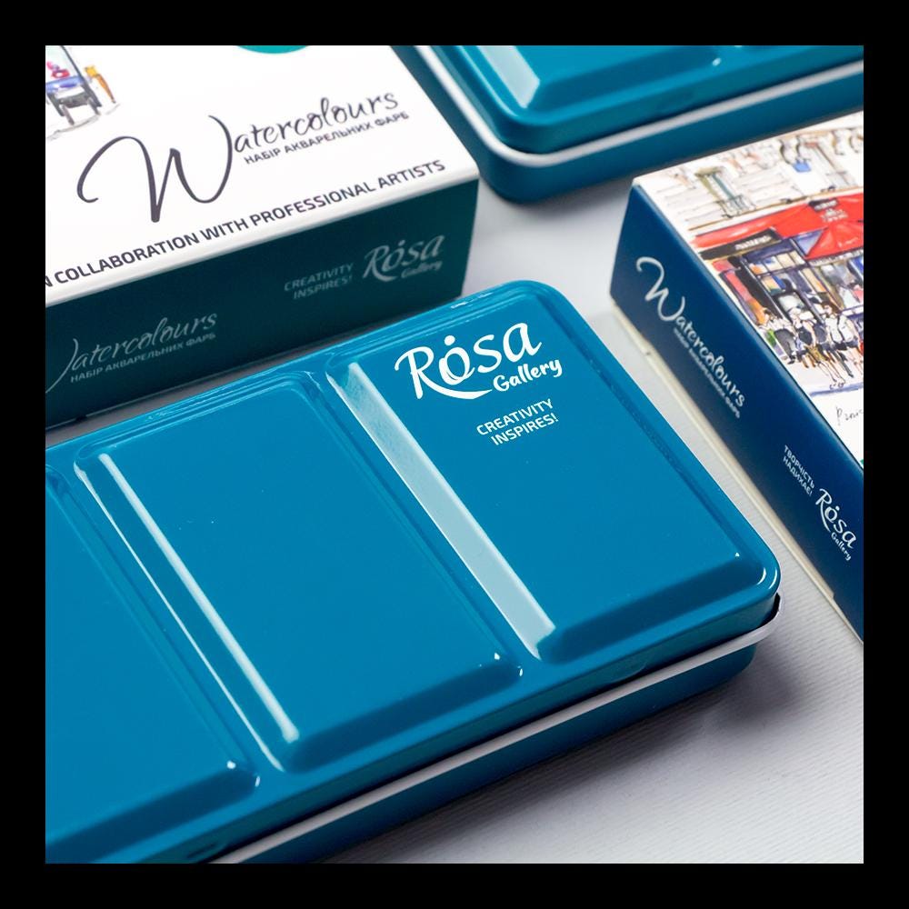 ROSA Gallery Urban Sketching Watercolour Set — 12 Full Pans 2.5ml, Turquoise Metal Tin, Artist Grade