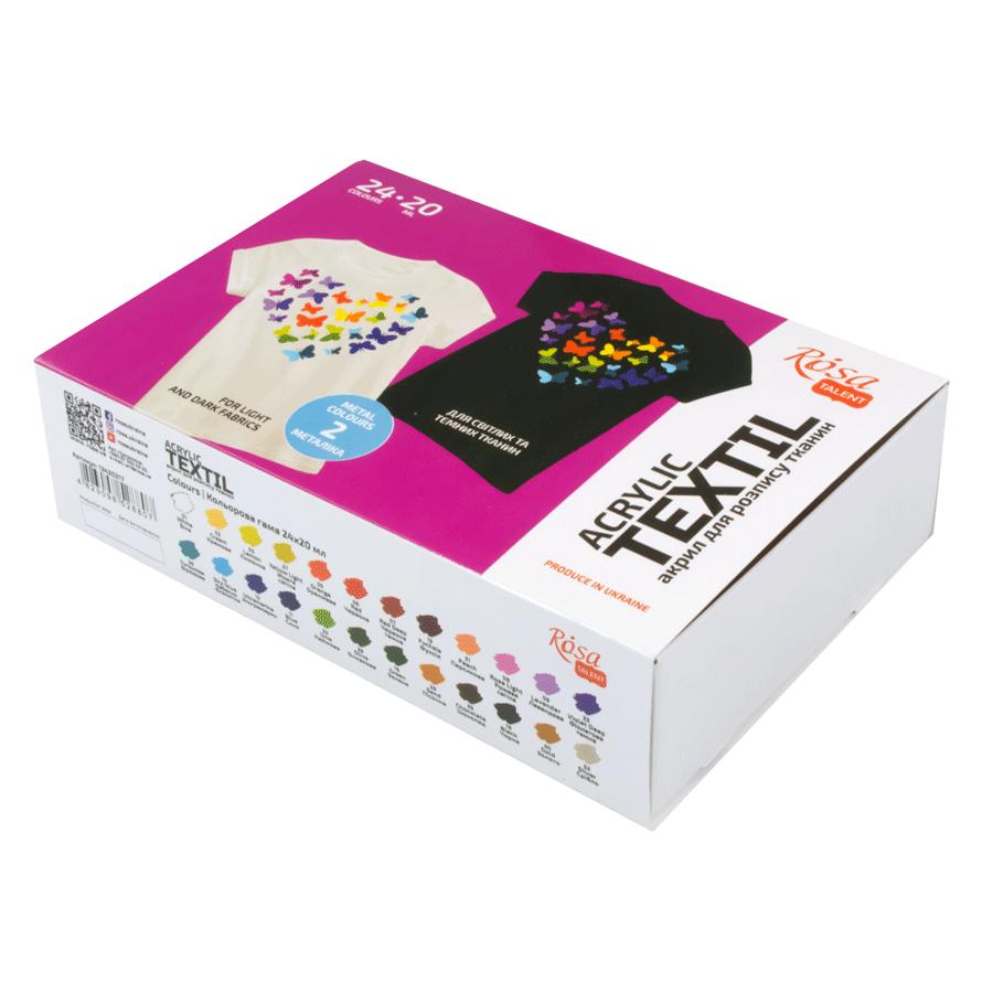 ROSA Talent HEART Fabric Paint Set, 24 Colours x 20ml, Includes Gold & Silver Metallics