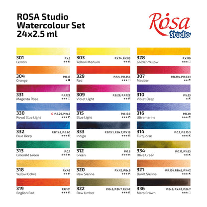 ROSA Studio Plein Air Watercolour Set, 16 or 24 Colours, 2.5ml Pans, Cardboard, Made in Ukraine