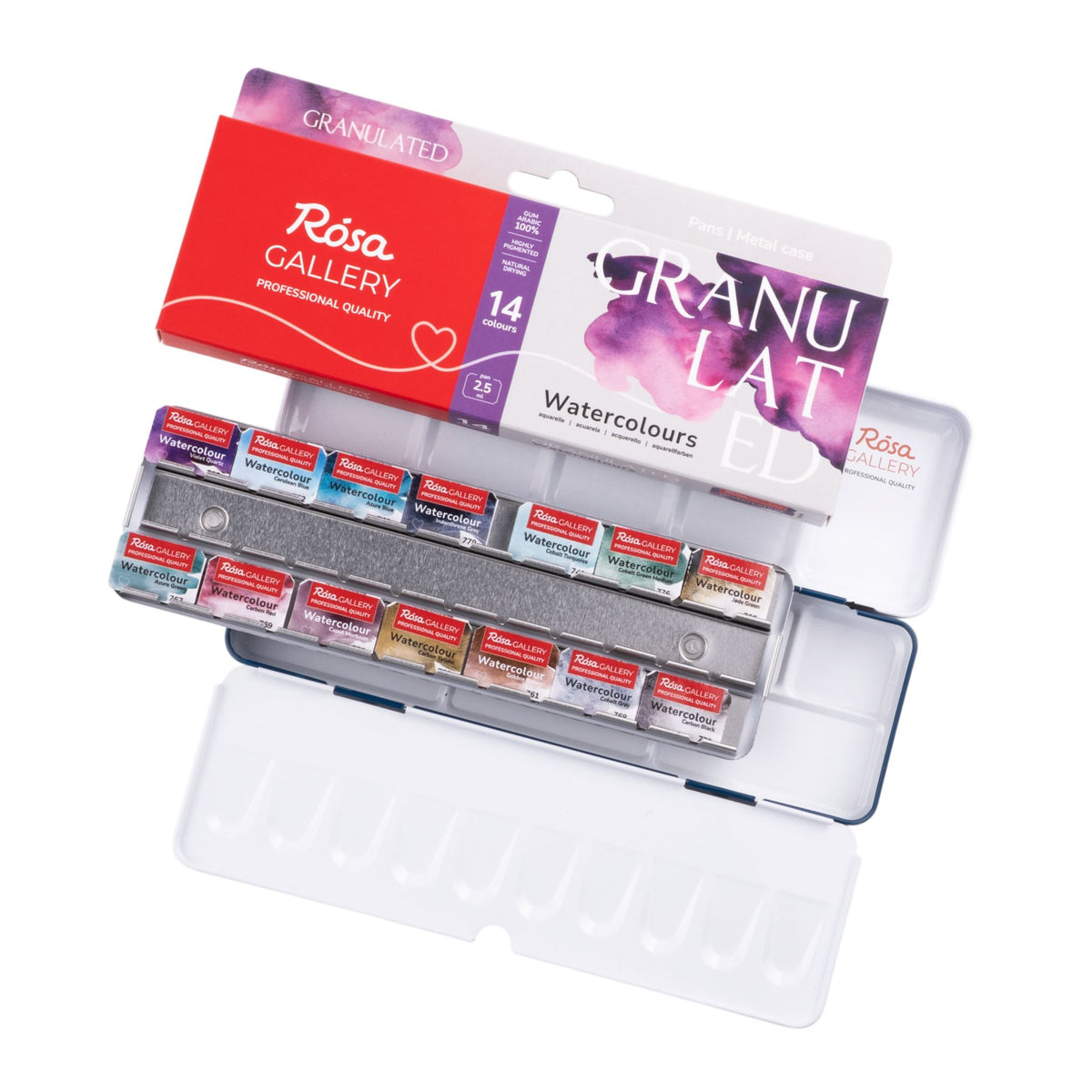 Rosa Gallery Granulated Watercolours paint set in a clear metal case with 14 multi-color paint pans.