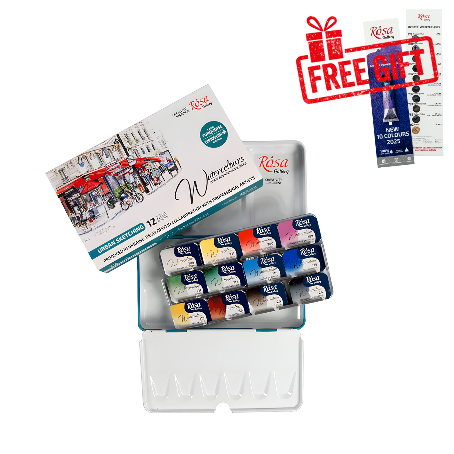 ROSA Gallery Urban Sketching Watercolour Set — 12 Full Pans 2.5ml, Turquoise Metal Tin, Artist Grade