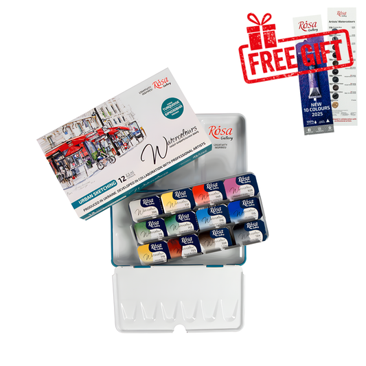 ROSA Gallery Urban Sketching Watercolour Set — 12 Full Pans 2.5ml, Turquoise Metal Tin, Artist Grade