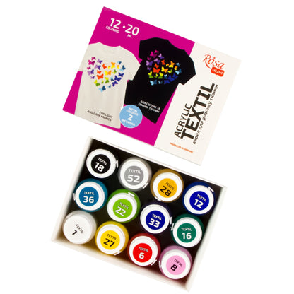 ROSA Talent HEART Fabric Paint Set — 12 or 24 Colours 20ml, Includes Gold & Silver Metallics