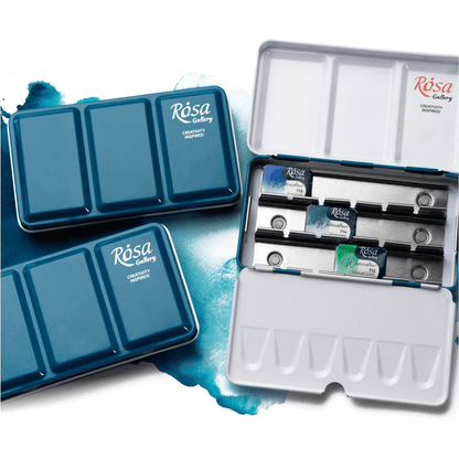ROSA Gallery Empty Watercolour Case — 12, 21 or 35 Pans, Indigo Metal, Build Your Own Palette