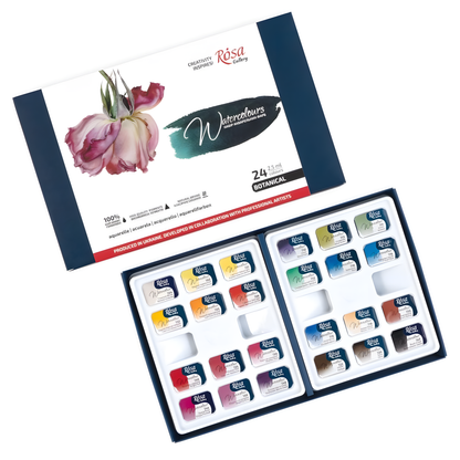 ROSA Gallery Botanical Watercolour Set — 24 Full Pans 2.5ml, Transparent Single Pigment, Professional