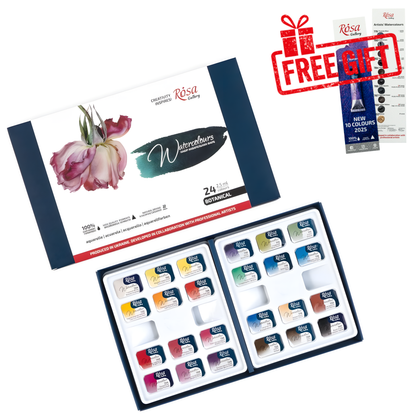 ROSA Gallery Botanical Watercolour Set — 24 Full Pans 2.5ml, Transparent Single Pigment, Professional