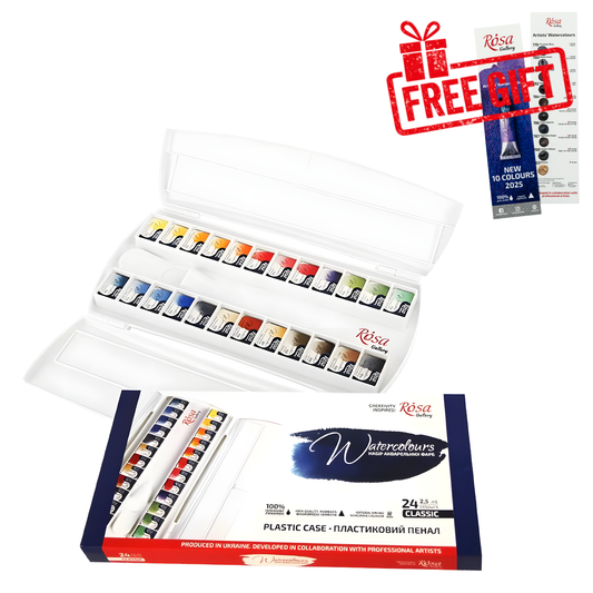 ROSA Gallery Classic Watercolour Set — 24 Full Pans 2.5ml, Plastic Travel Case, Professional Artist