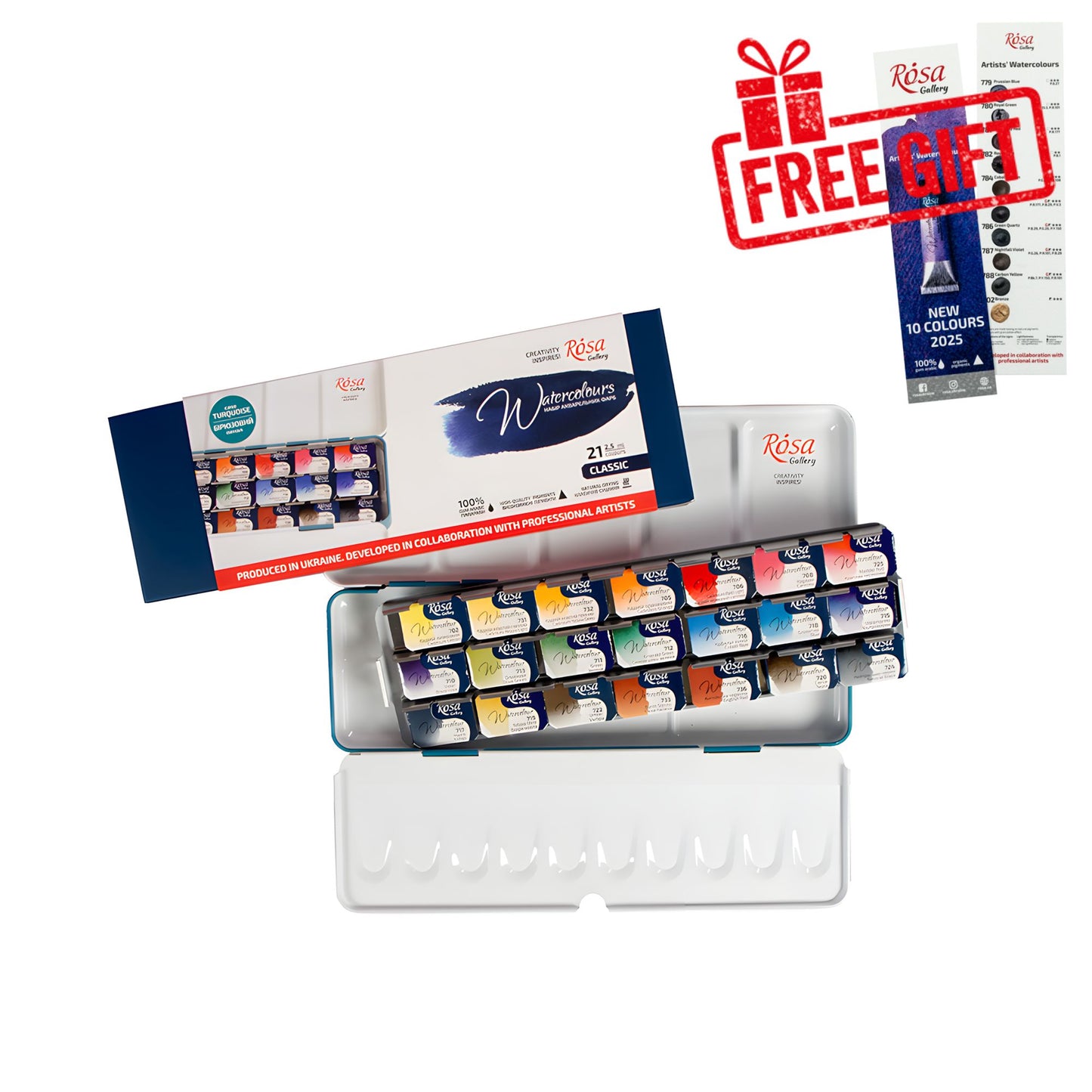 ROSA Gallery Classic Watercolour Set, 12 or 21 Full Pans, 2.5ml, Turquoise Metal Case, Ukraine