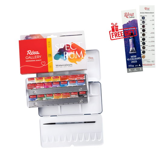 ROSA Gallery Spectrum Watercolour Set –21 Professional Full Pan Colours + Brush, Indigo Metal Tin