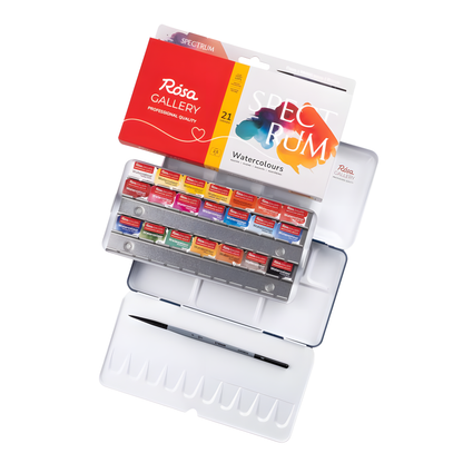 ROSA Gallery Spectrum Watercolour Set –21 Professional Full Pan Colours + Brush, Indigo Metal Tin