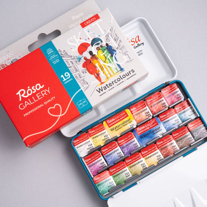 ROSA Gallery Urban Sketching Watercolour Set – 19 Mixed Pan Colours (1.6ml/2.5ml), Turquoise Metal Tin (S)