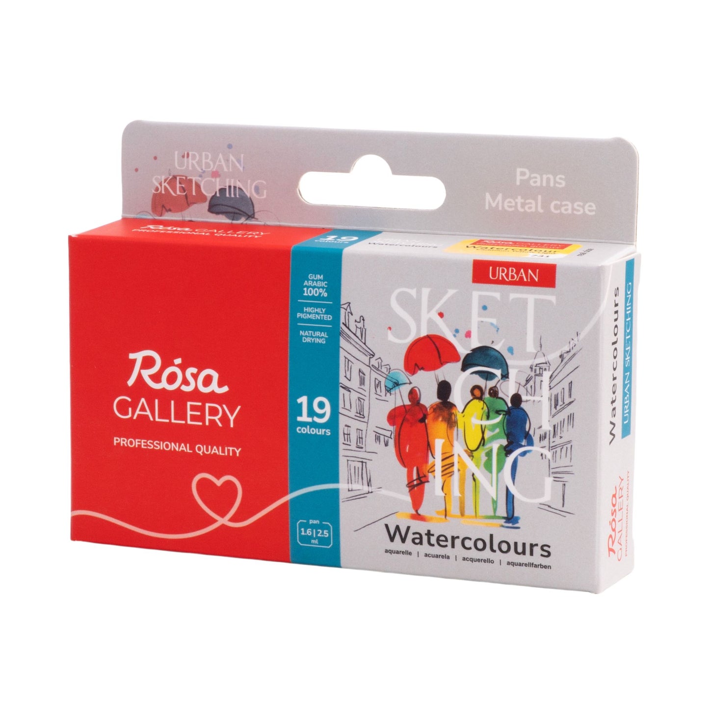 ROSA Gallery Urban Sketching Watercolour Set – 19 Mixed Pan Colours (1.6ml/2.5ml), Turquoise Metal Tin (S)