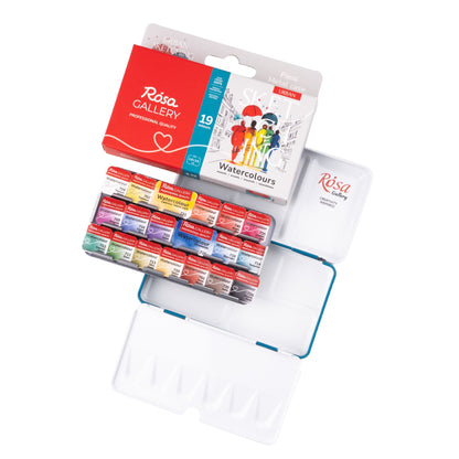 ROSA Gallery Urban Sketching Watercolour Set – 19 Mixed Pan Colours (1.6ml/2.5ml), Turquoise Metal Tin (S)