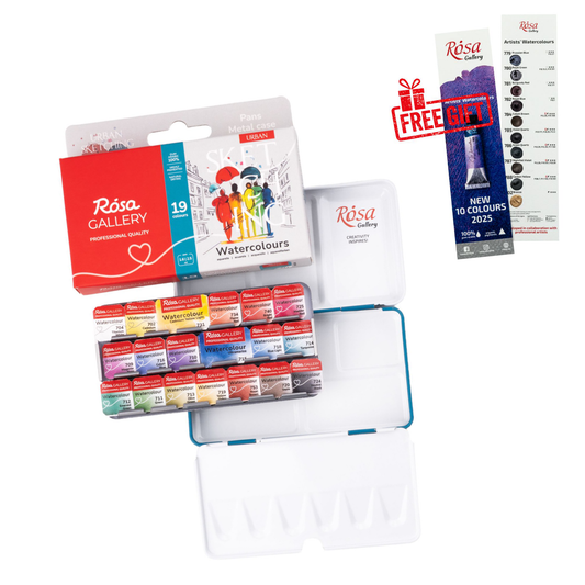 ROSA Gallery Urban Sketching Watercolour Set – 19 Mixed Pan Colours (1.6ml/2.5ml), Turquoise Metal Tin (S)