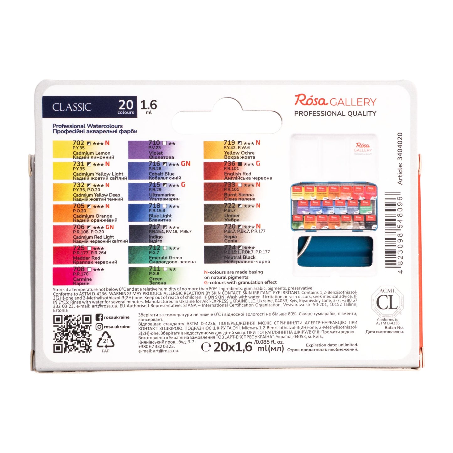 ROSA Gallery Classic Watercolour Set – 20 Half Pan Colours (1.6ml), Turquoise Metal Tin (S)