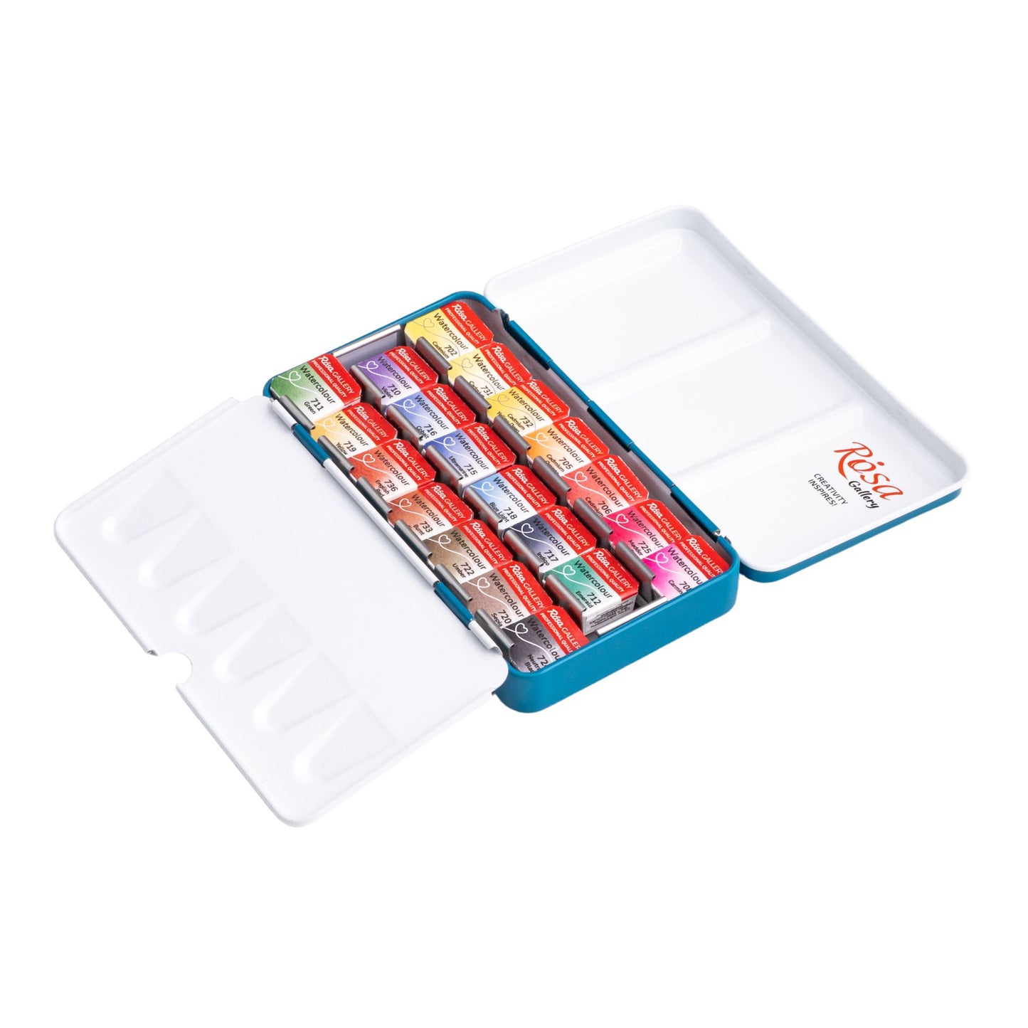 ROSA Gallery Classic Watercolour Set – 20 Half Pan Colours (1.6ml), Turquoise Metal Tin (S)