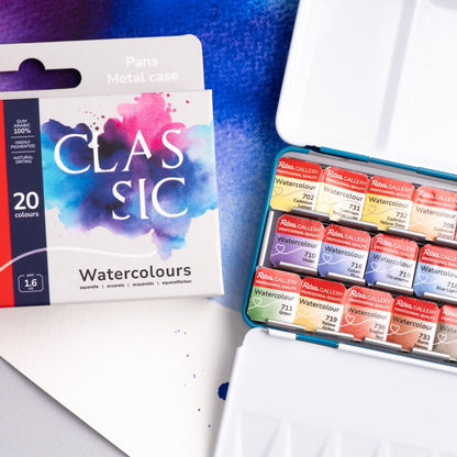 ROSA Gallery Classic Watercolour Set – 20 Half Pan Colours (1.6ml), Turquoise Metal Tin (S)