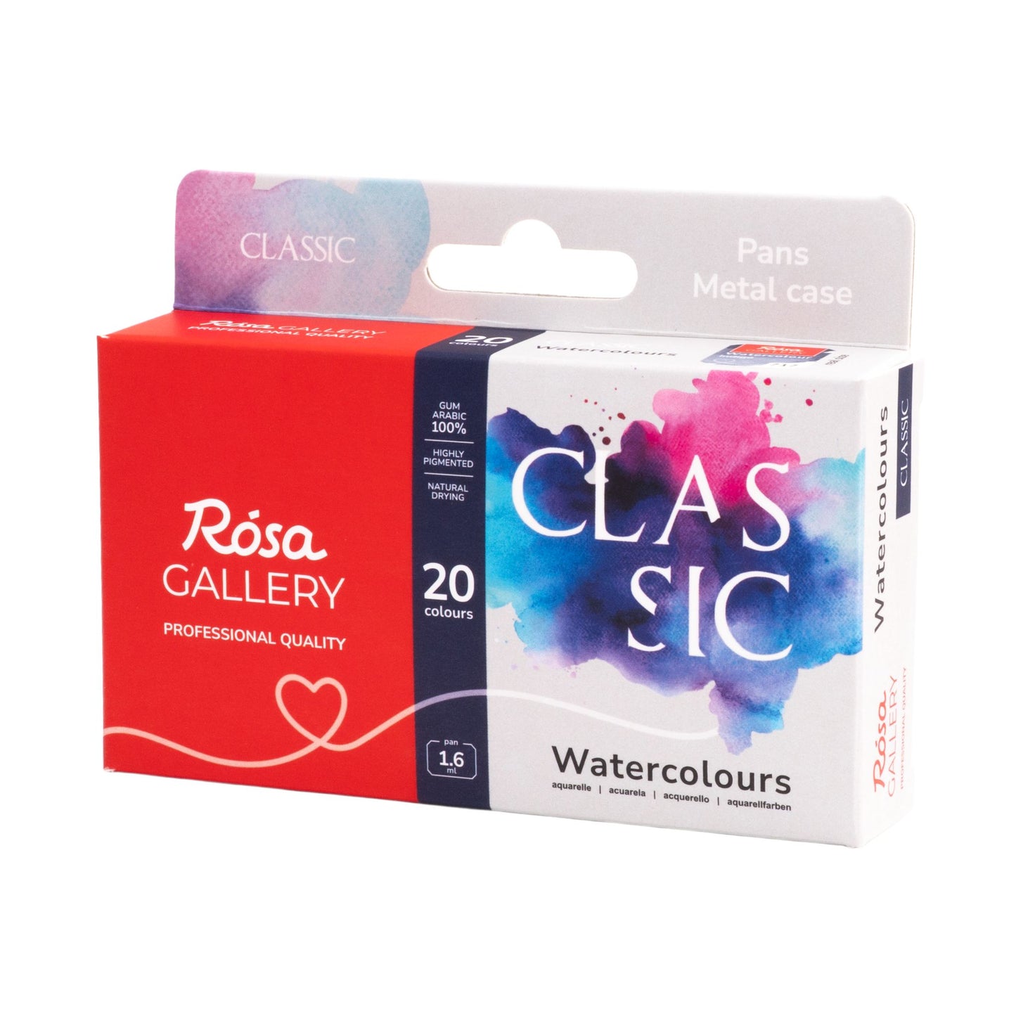 ROSA Gallery Classic Watercolour Set – 20 Half Pan Colours (1.6ml), Turquoise Metal Tin (S)