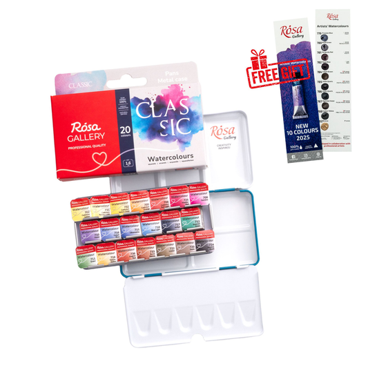 ROSA Gallery Classic Watercolour Set – 20 Half Pan Colours (1.6ml), Turquoise Metal Tin (S)