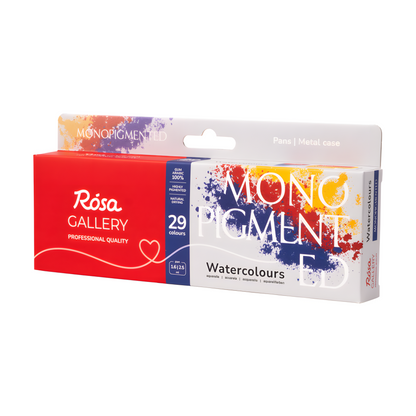 ROSA Gallery Monopigmented Watercolour Set – 29 Single-Pigment Colours, Mixed Pan Sizes, Indigo Metal Tin (M)