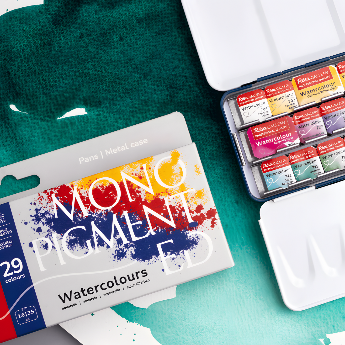 ROSA Gallery Monopigmented Watercolour Set – 29 Single-Pigment Colours, Mixed Pan Sizes, Indigo Metal Tin (M)