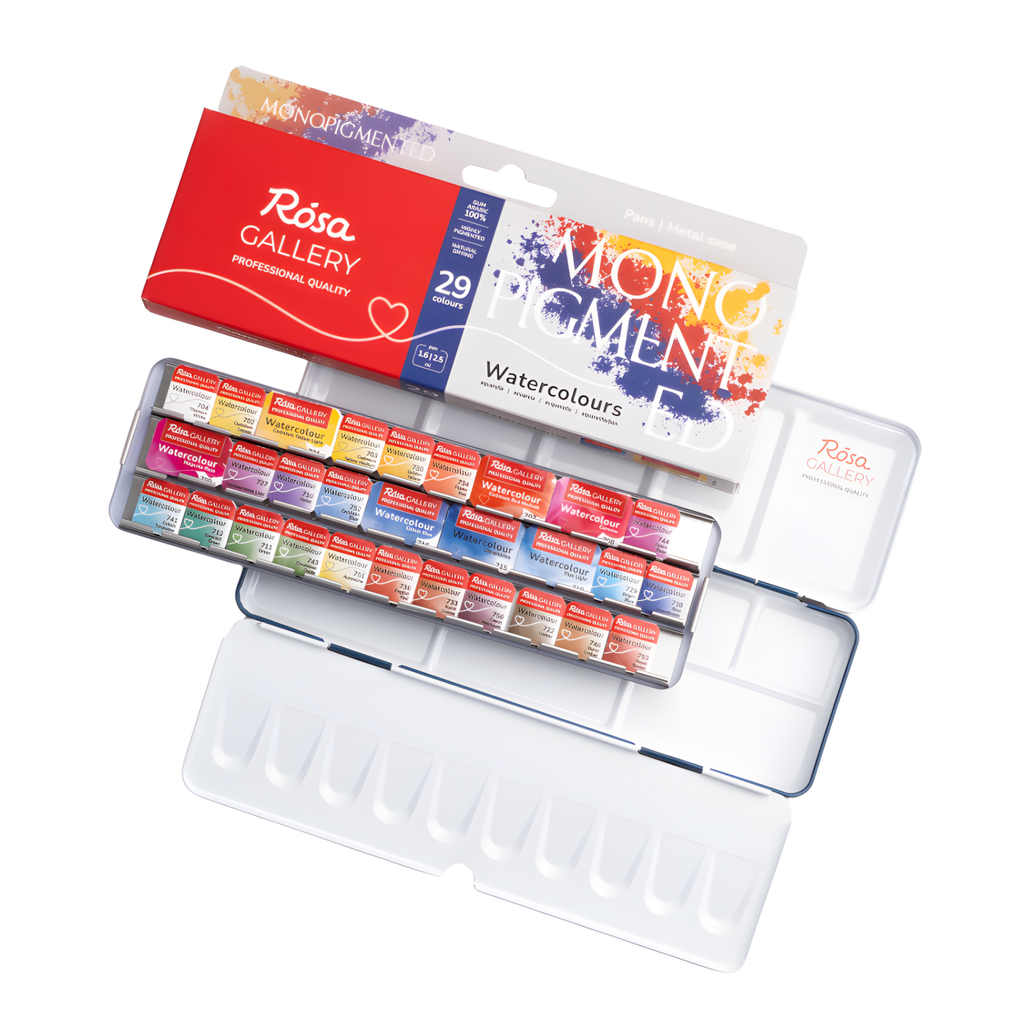 ROSA Gallery Monopigmented Watercolour Set – 29 Single-Pigment Colours, Mixed Pan Sizes, Indigo Metal Tin (M)