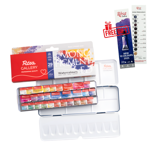 ROSA Gallery Monopigmented Watercolour Set – 29 Single-Pigment Colours, Mixed Pan Sizes, Indigo Metal Tin (M)