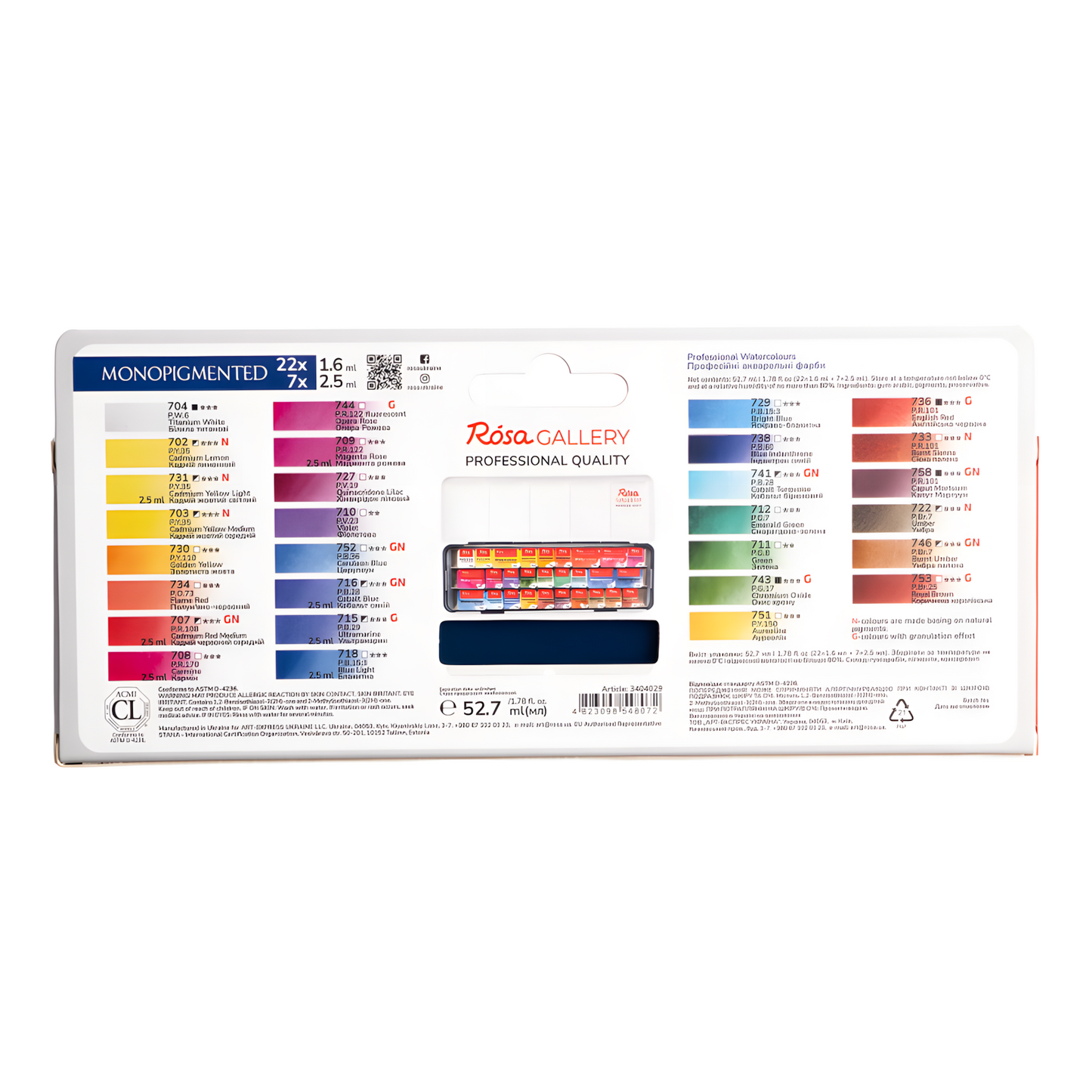 ROSA Gallery Monopigmented Watercolour Set – 29 Single-Pigment Colours, Mixed Pan Sizes, Indigo Metal Tin (M)