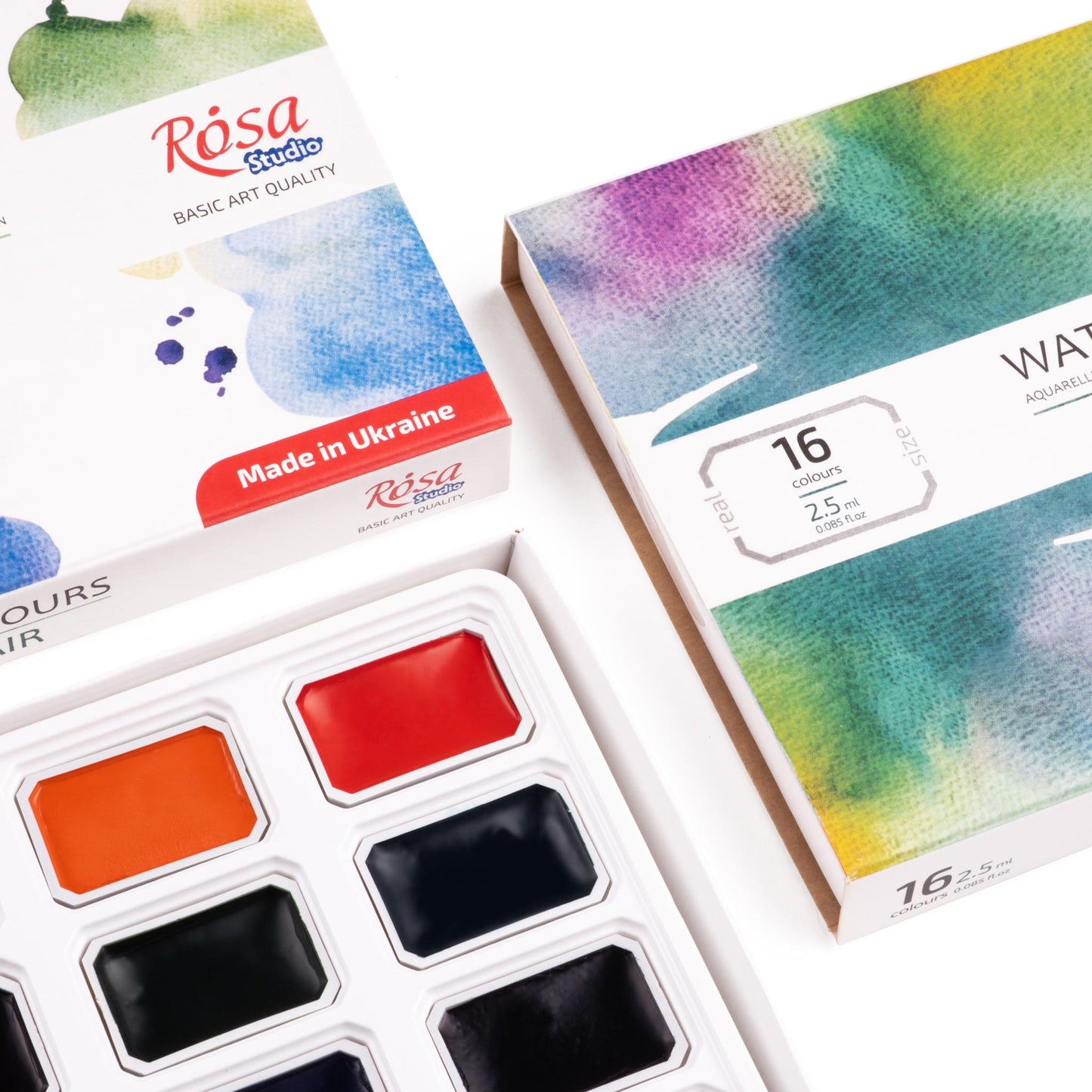 ROSA Studio Plein Air Watercolour Set, 16 or 24 Colours, 2.5ml Pans, Cardboard, Made in Ukraine