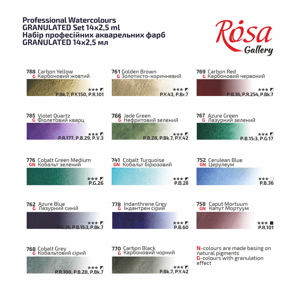 Color swatches of professional watercolor paints set Rosa Gallery Granulated 
