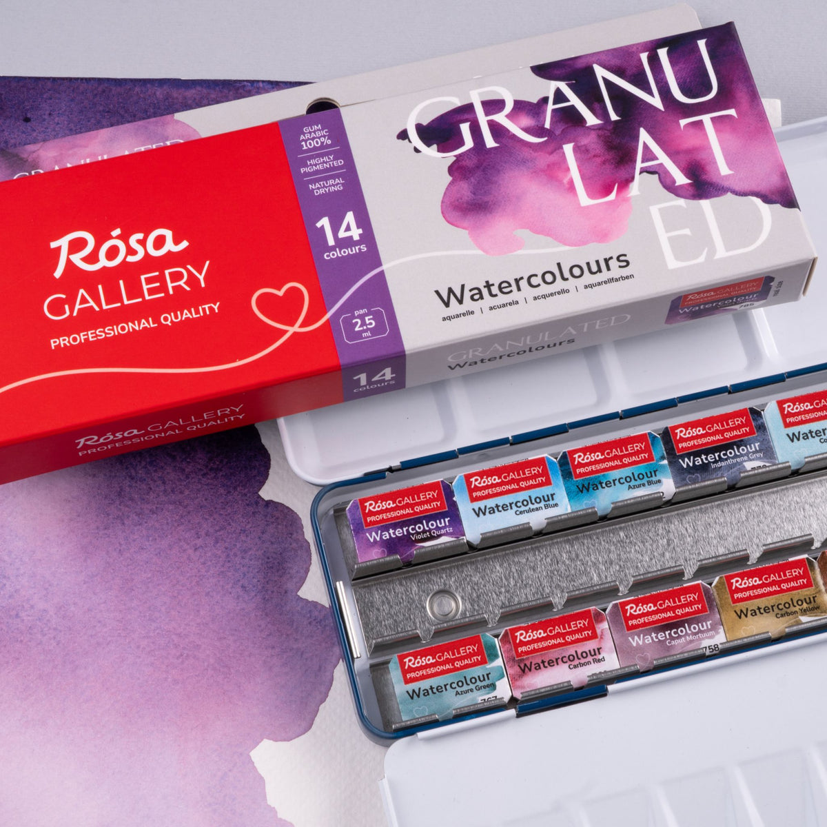ROSA Gallery Granulated Watercolour Set — 14 Pans in Metal Tin, Textured Artist Watercolours