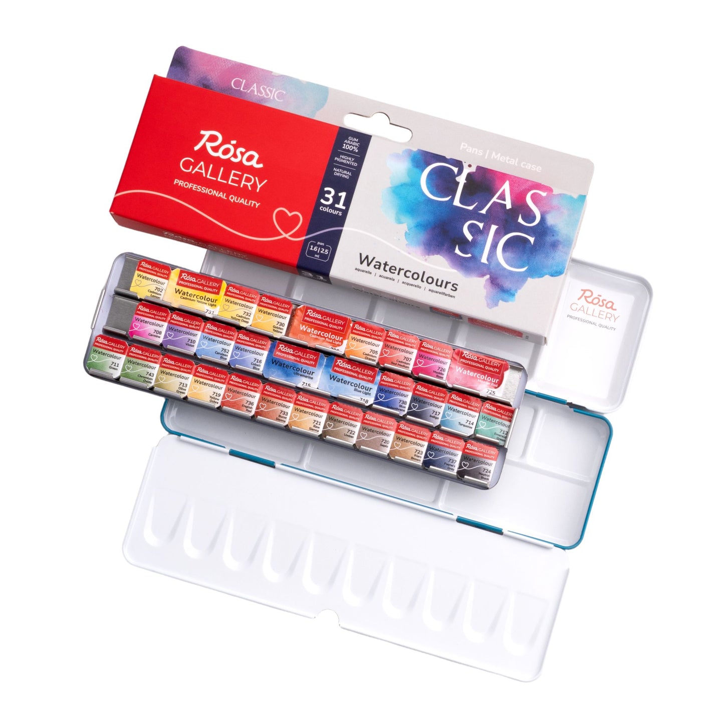 ROSA Gallery Classic Watercolour Set — 31 Colours, Half & Full Pans, Turquoise Metal Case, Professional Artist Quality, Made in Ukraine