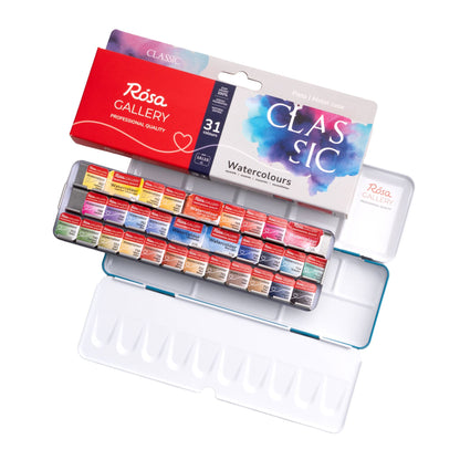 ROSA Gallery Classic Watercolour Set — 31 Colours, Half & Full Pans, Turquoise Metal Case, Professional Artist Quality, Made in Ukraine