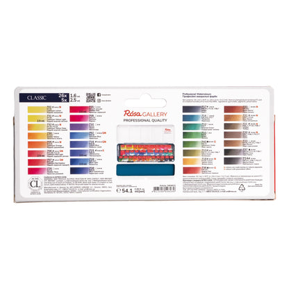ROSA Gallery Classic Watercolour Set — 31 Colours, Half & Full Pans, Turquoise Metal Case, Professional Artist Quality, Made in Ukraine