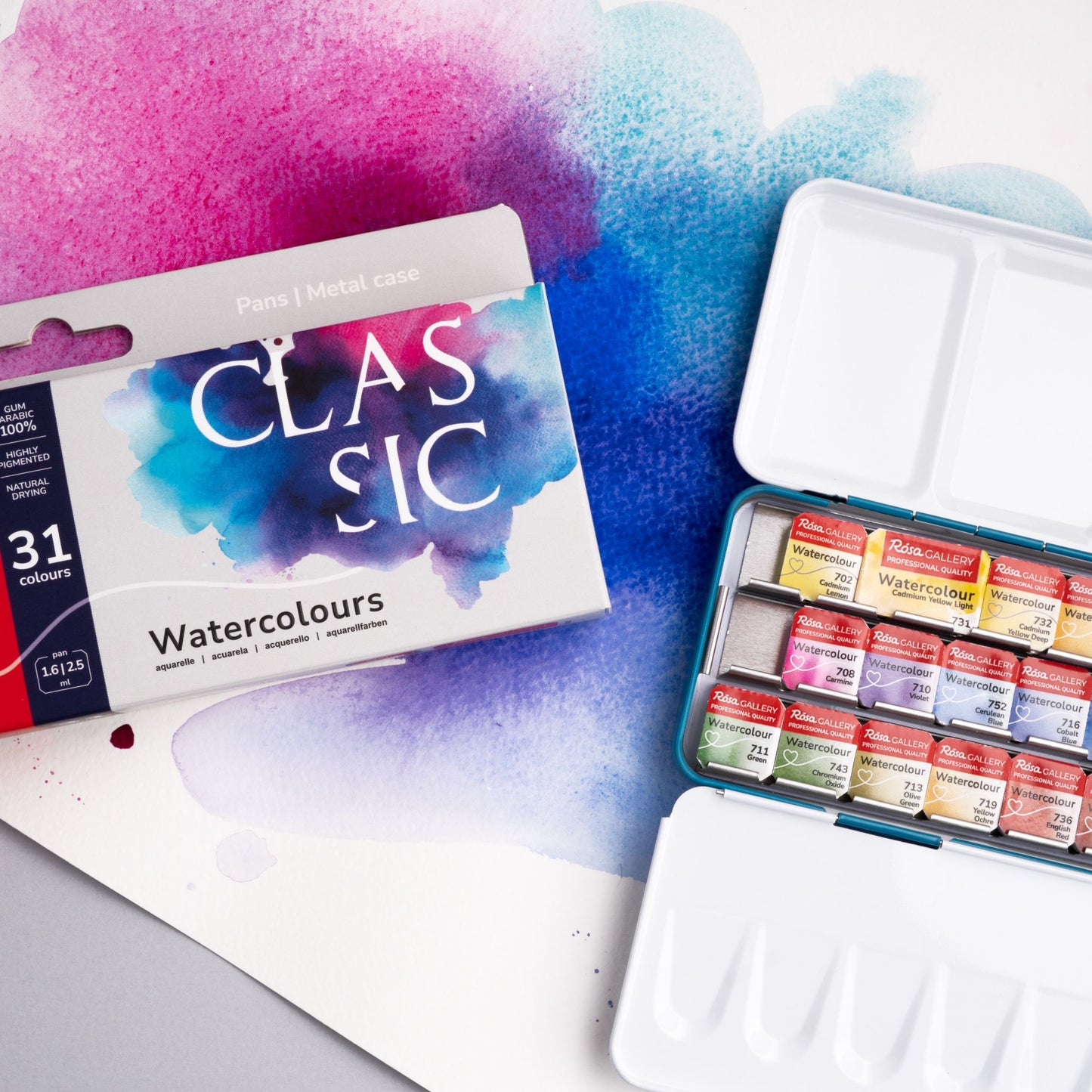ROSA Gallery Classic Watercolour Set — 31 Colours, Half & Full Pans, Turquoise Metal Case, Professional Artist Quality, Made in Ukraine