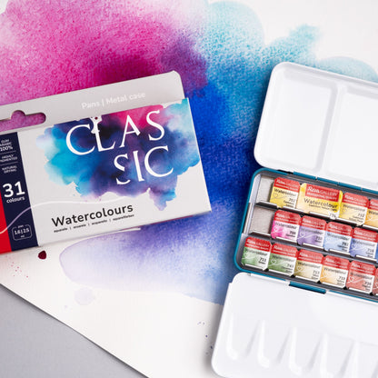 ROSA Gallery Classic Watercolour Set — 31 Colours, Half & Full Pans, Turquoise Metal Case, Professional Artist Quality, Made in Ukraine