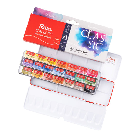 ROSA Gallery Classic Watercolour Set — 21 Full Pans 2.5ml, Red Metal Case, Professional Artist Quality Watercolours, Made in Ukraine