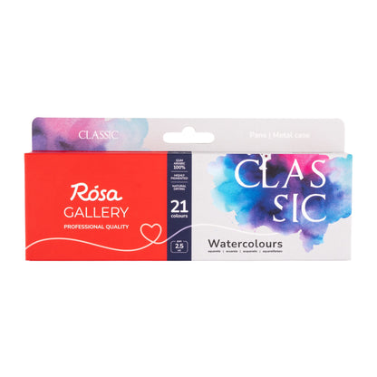 ROSA Gallery Classic Watercolour Set — 21 Full Pans 2.5ml, Red Metal Case, Professional Artist Quality Watercolours, Made in Ukraine