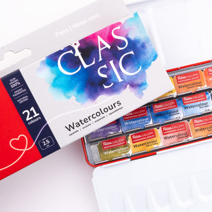 ROSA Gallery Classic Watercolour Set — 21 Full Pans 2.5ml, Red Metal Case, Professional Artist Quality Watercolours, Made in Ukraine