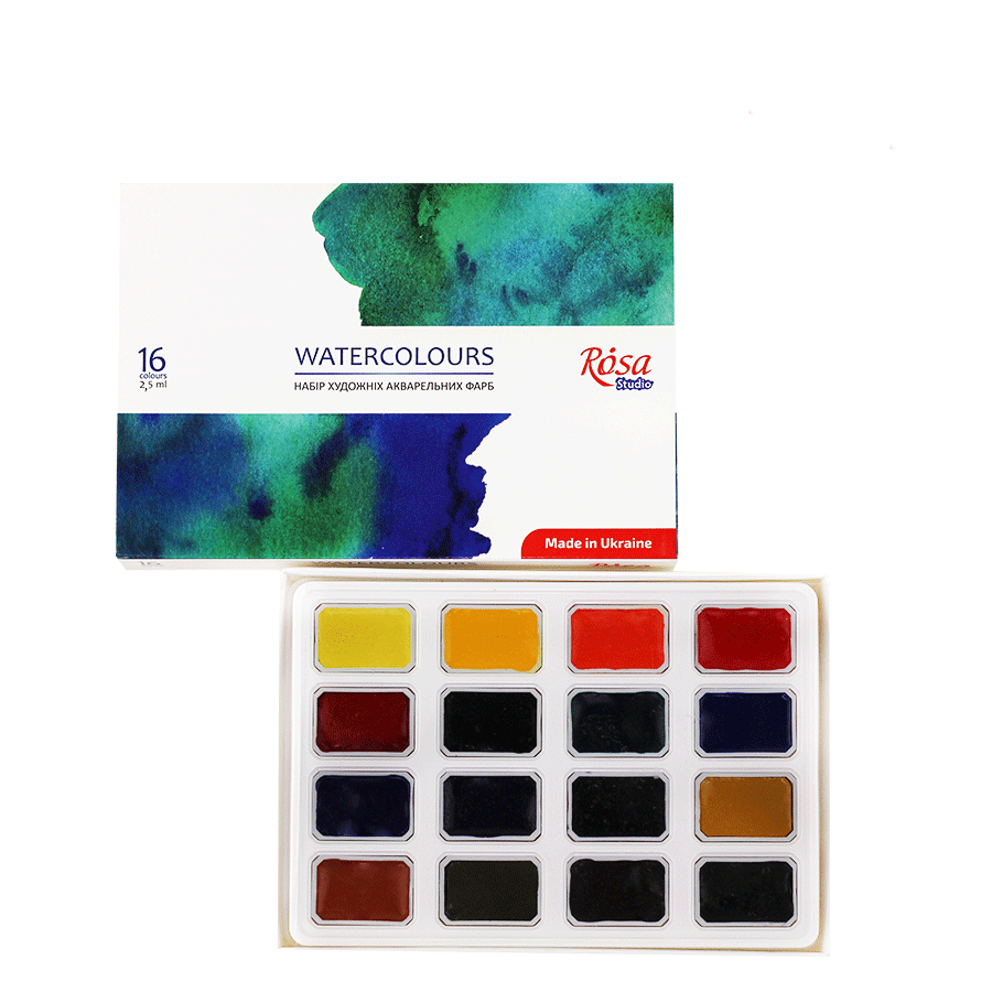 ROSA Studio Watercolour Paint Set, 16 Colours, 2.5ml Half Pans, Beginner Artist Gift, Made in Ukraine