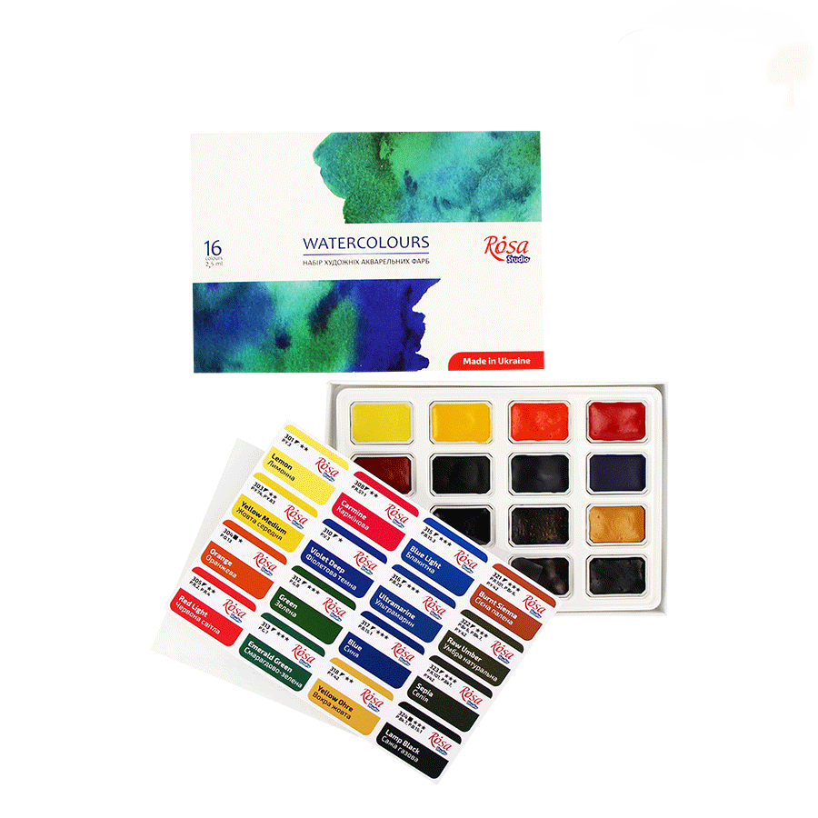 ROSA Studio Watercolour Paint Set, 16 Colours, 2.5ml Half Pans, Beginner Artist Gift, Made in Ukraine