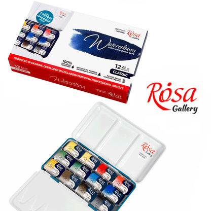 ROSA Gallery Classic Watercolour Set, 12 or 21 Full Pans, 2.5ml, Turquoise Metal Case, Ukraine