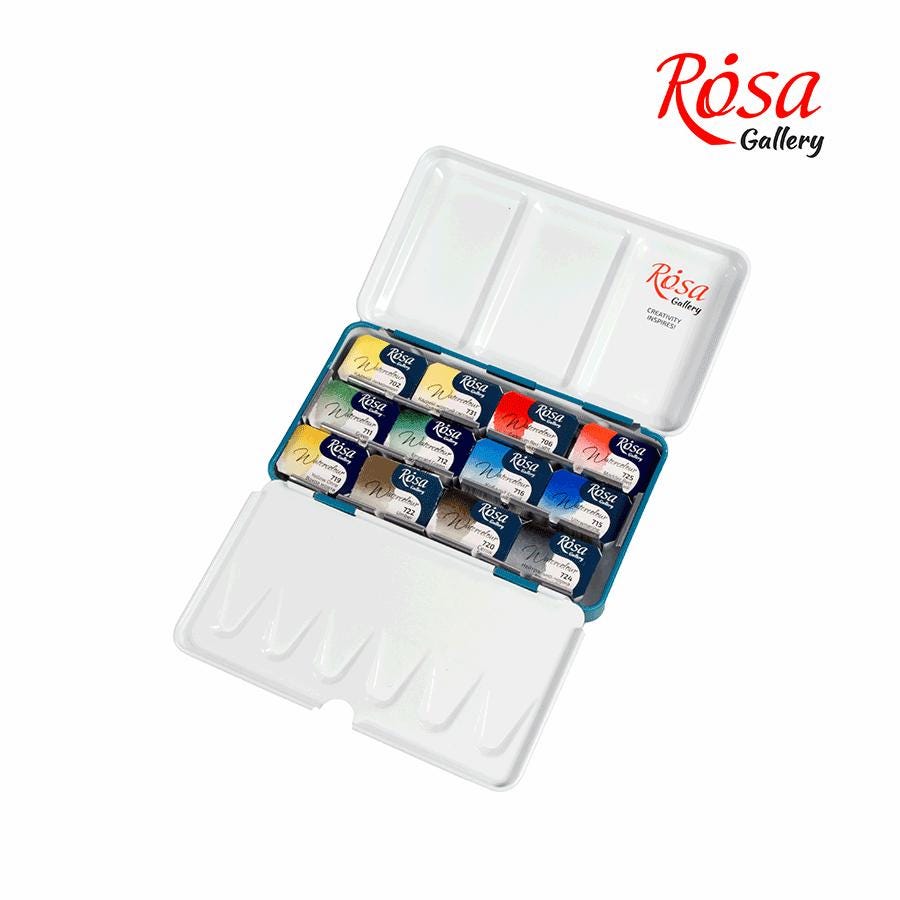 ROSA Gallery Classic Watercolour Set, 12 or 21 Full Pans, 2.5ml, Turquoise Metal Case, Ukraine