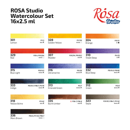 ROSA Studio Plein Air Watercolour Set, 16 or 24 Colours, 2.5ml Pans, Cardboard, Made in Ukraine