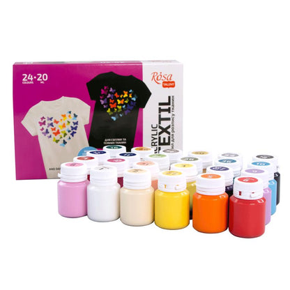 ROSA Talent HEART Fabric Paint Set, 24 Colours x 20ml, Includes Gold & Silver Metallics