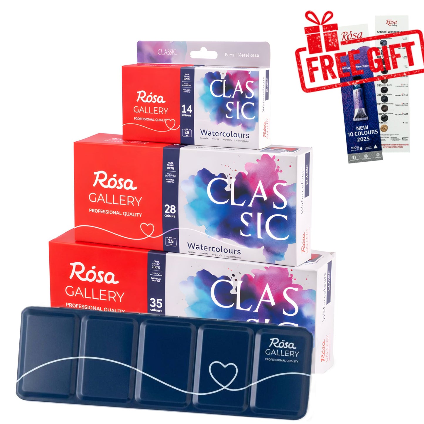 ROSA Gallery Classic Watercolour Set — 14, 28 or 35 Full Pans, Indigo Metal Case