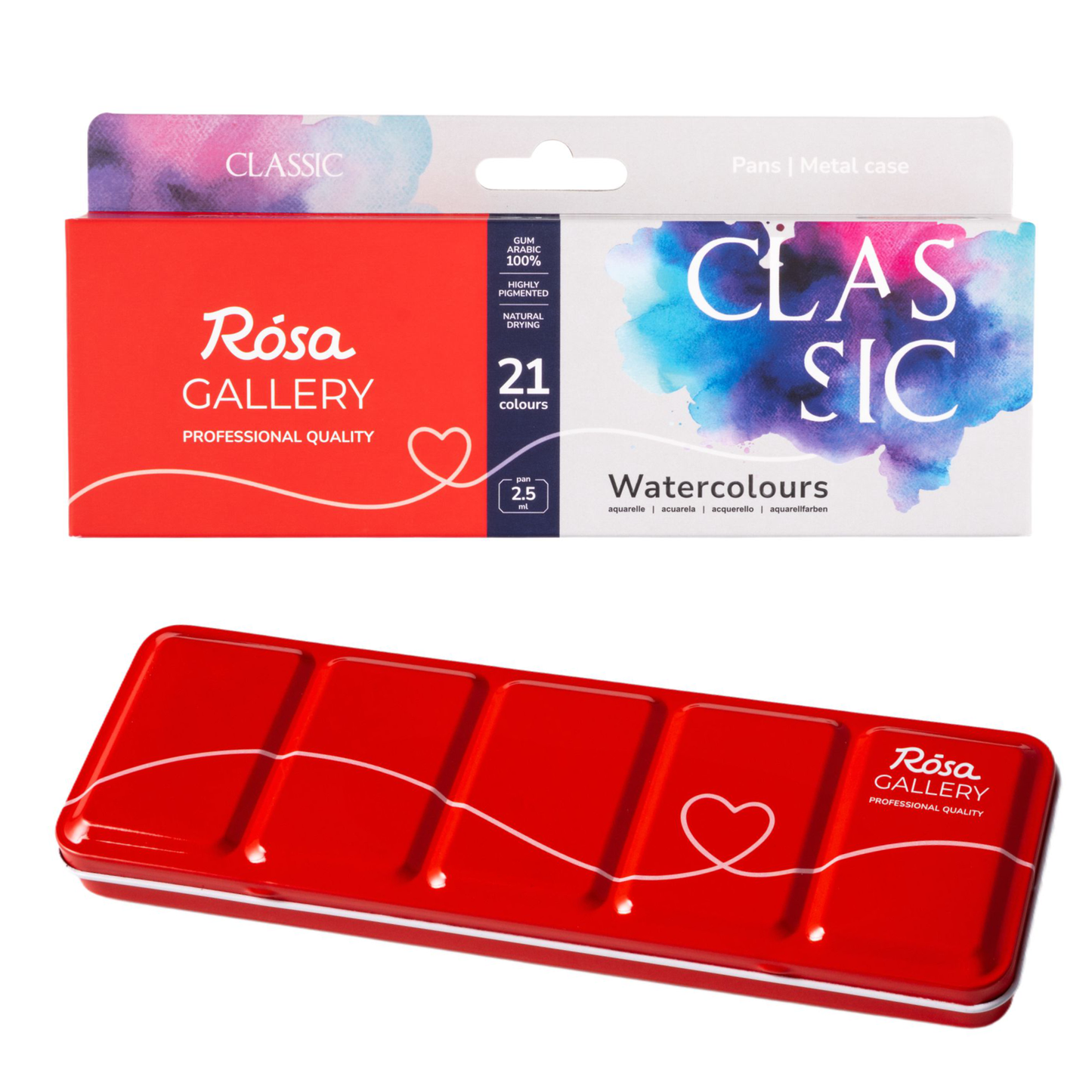 ROSA Gallery Classic Watercolour Set — 21 Full Pans 2.5ml, Red Metal Case, Professional Artist Quality Watercolours, Made in Ukraine