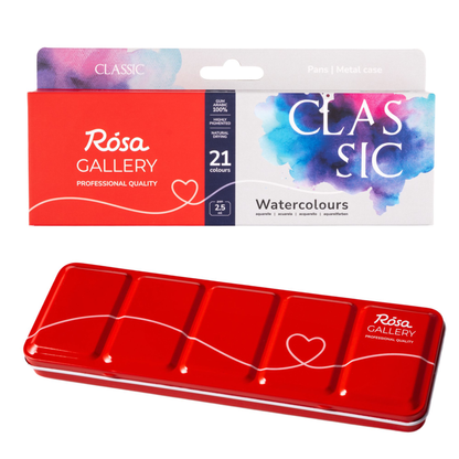 ROSA Gallery Classic Watercolour Set — 21 Full Pans 2.5ml, Red Metal Case, Professional Artist Quality Watercolours, Made in Ukraine